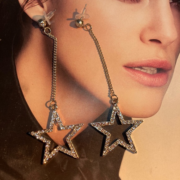 Silver Tone Long Star Earrings - Picture 4 of 5